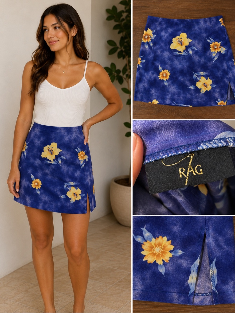 Vintage RAG Blue Floral Mini Skirt Y2K Tropical Slip Skirt